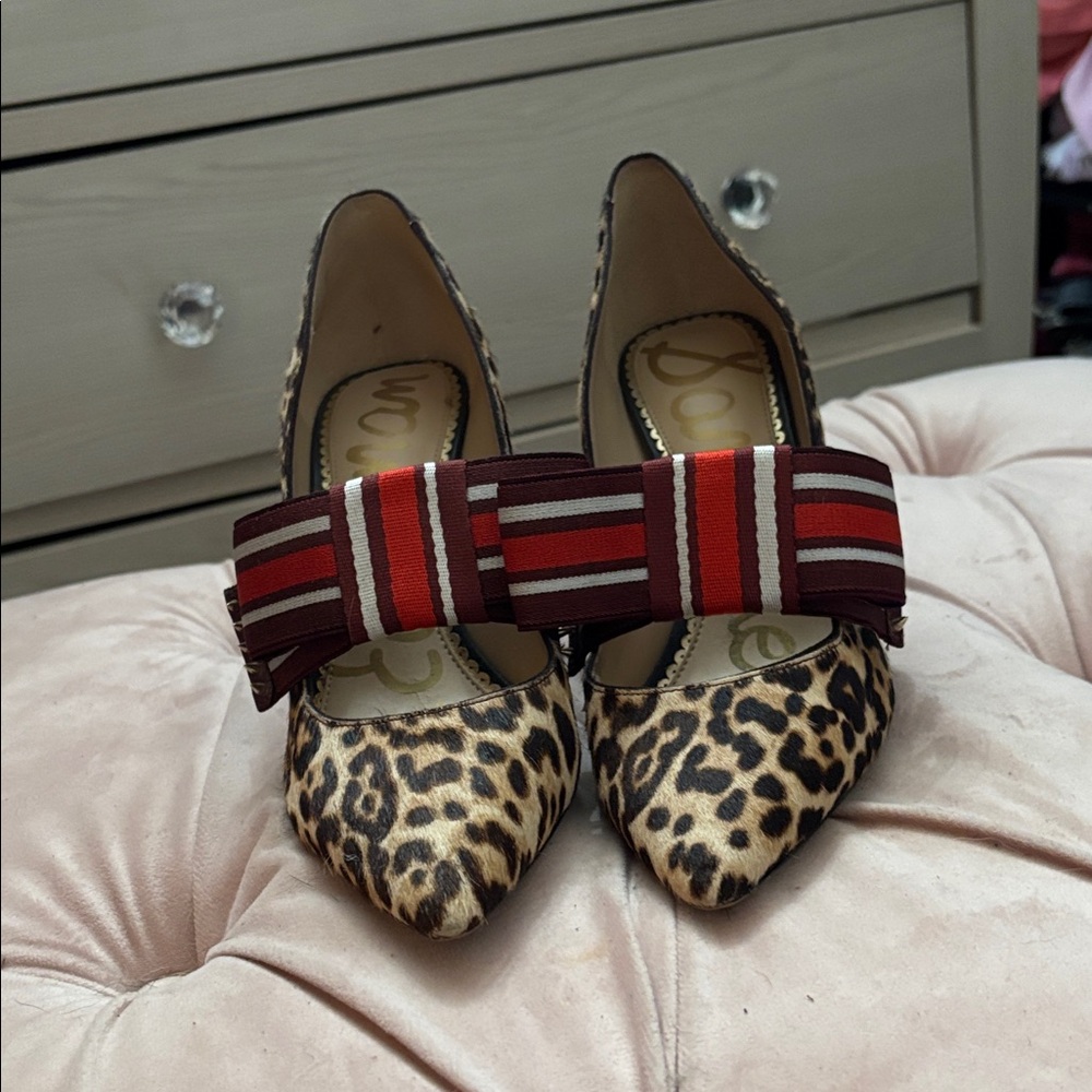 Sam Edelman Leopard Print Heels with Red Bow Accents